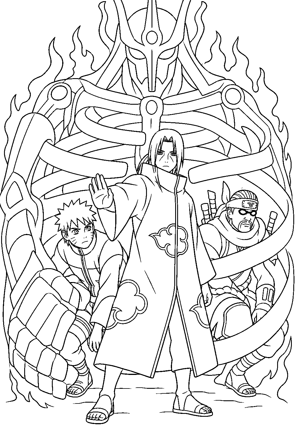 itachi uchiha rescuing naruto and killer bee with susanoo line art