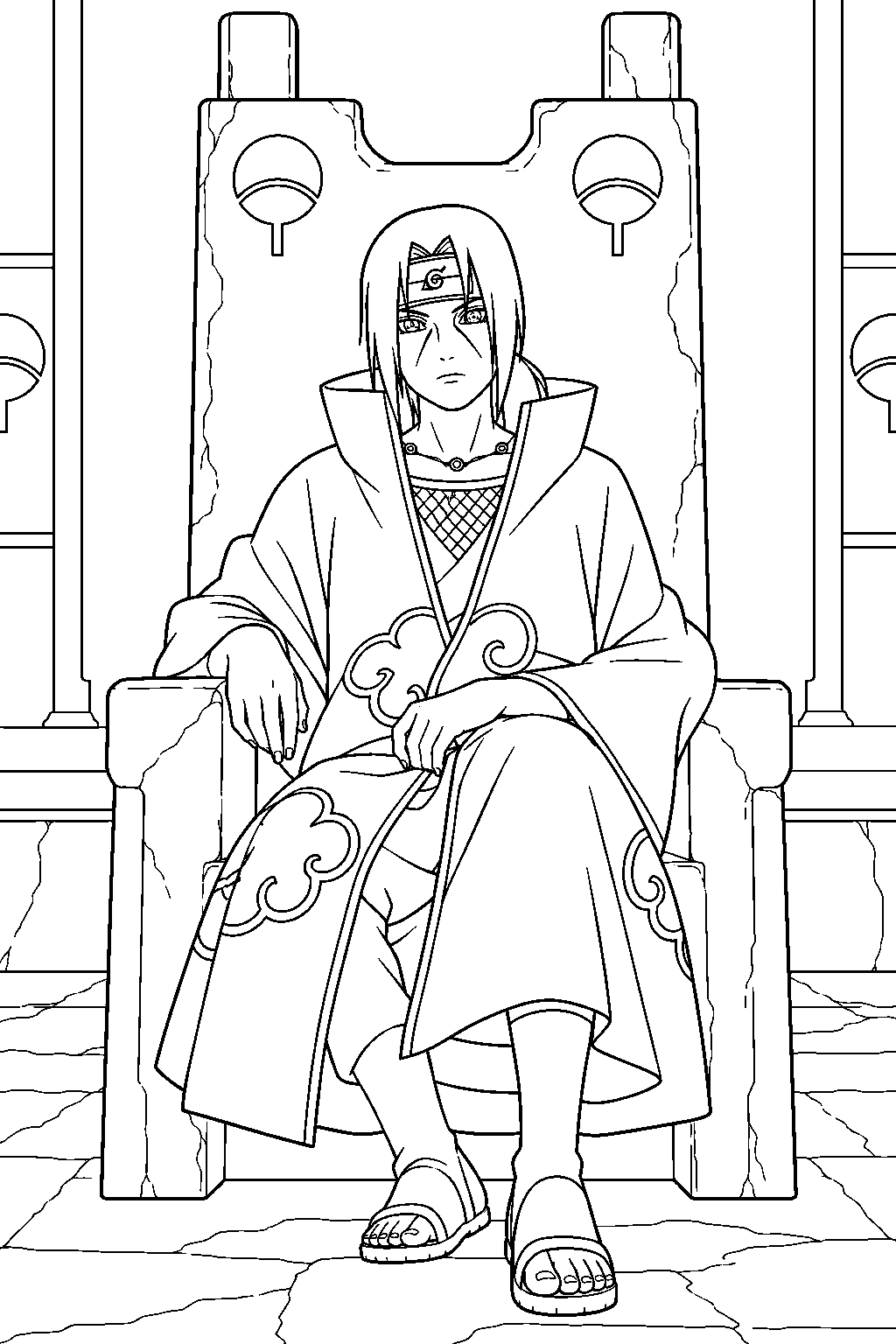itachi uchiha sitting on the throne in the uchiha hideout line art