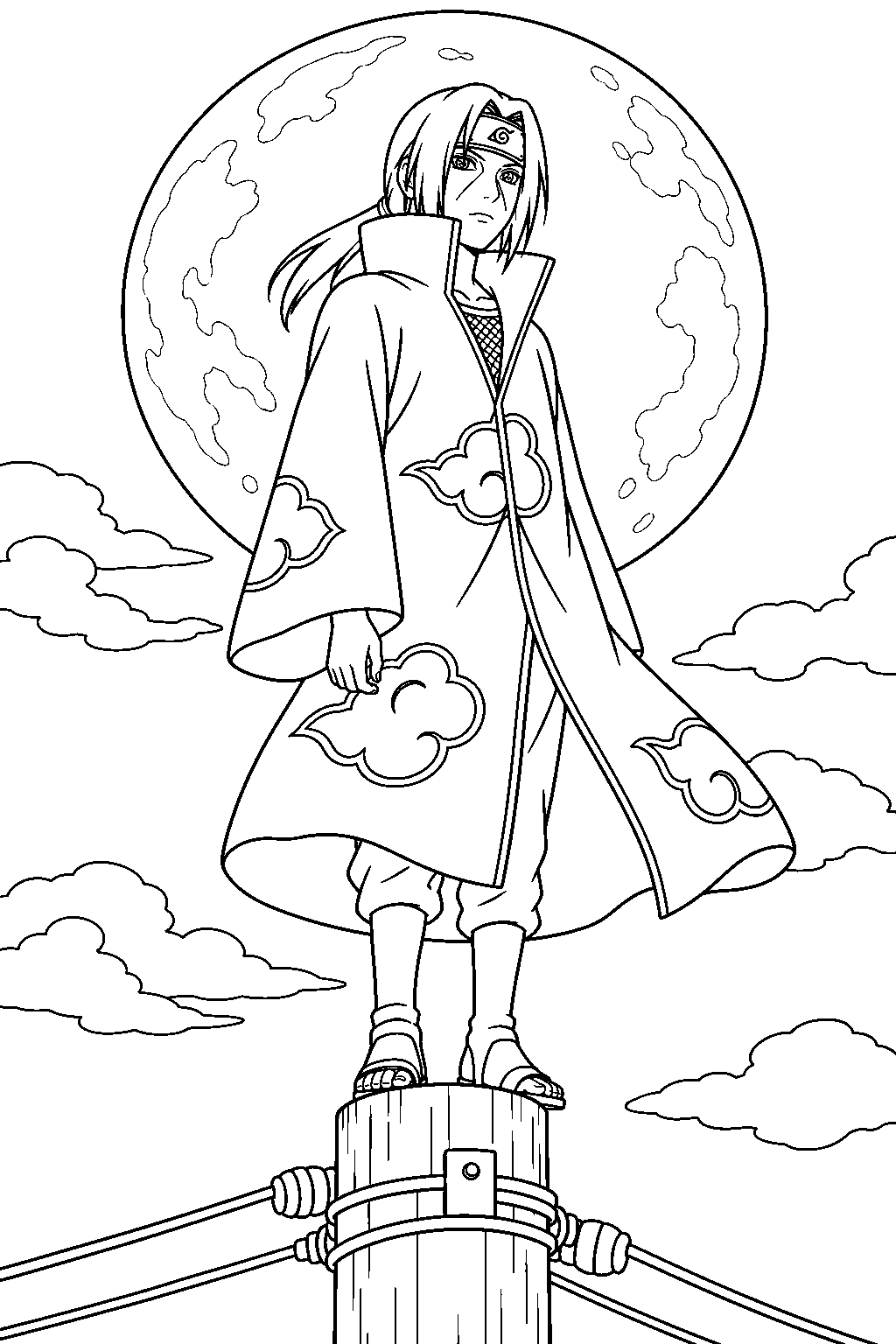 itachi uchiha standing on a utility pole beneath the full moon line art