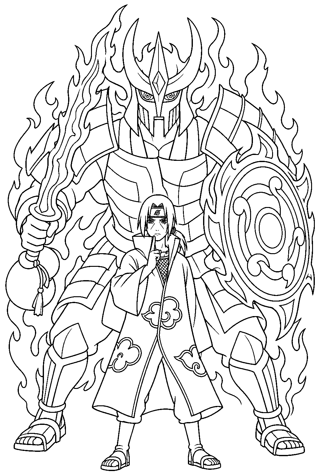 itachi uchiha summoning armored susanoo with the totsuka blade and yata mirror line art