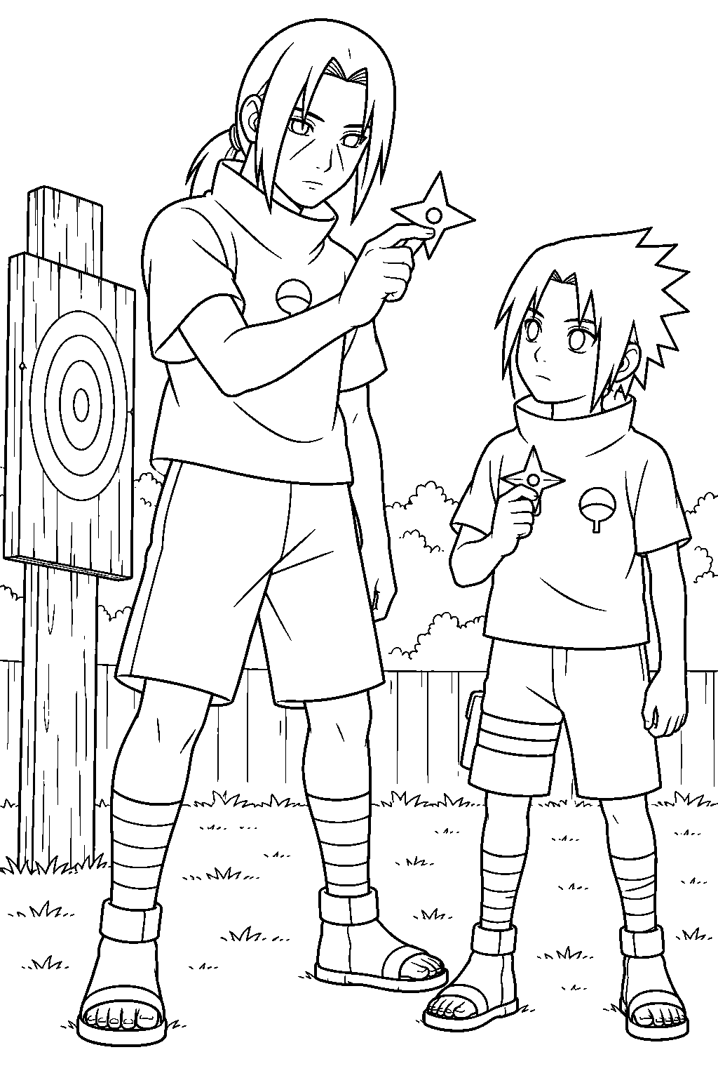 itachi uchiha teaching sasuke to throw shuriken line art