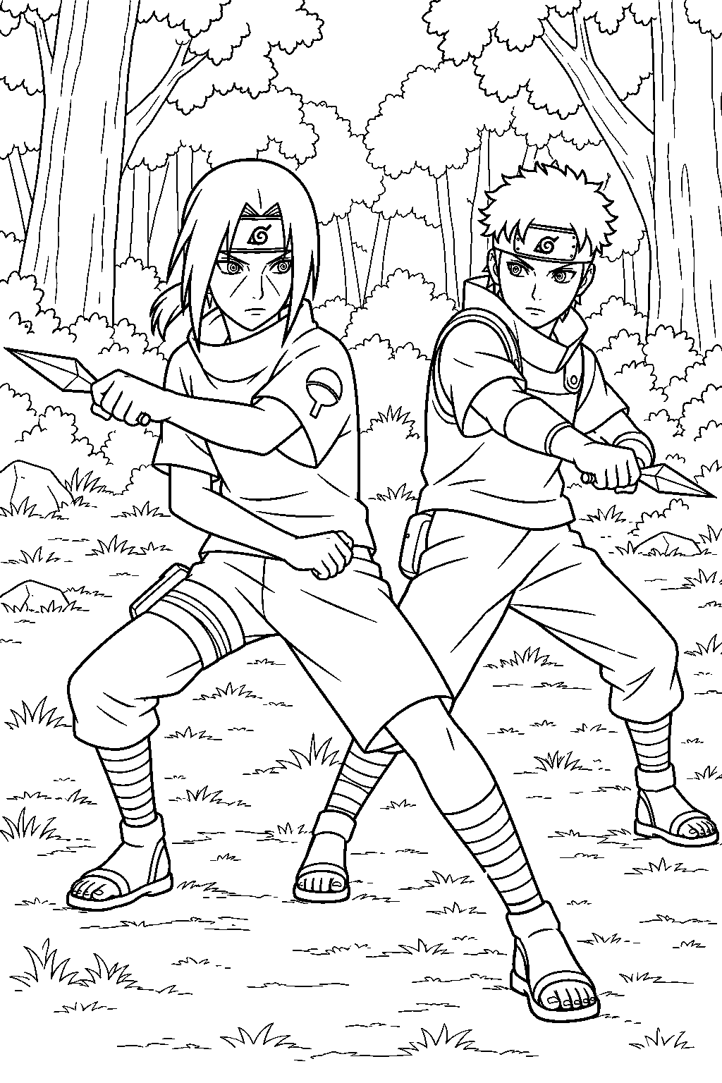 itachi uchiha training with shisui in the forest line art