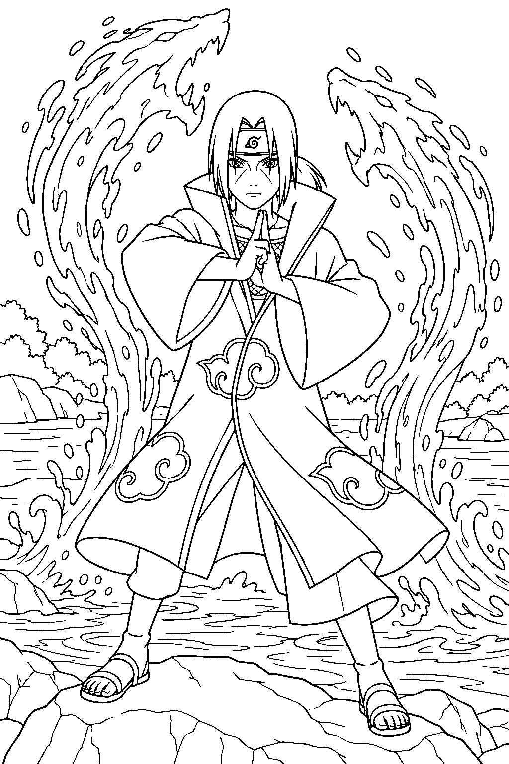 itachi uchiha using water fang bullet jutsu beside the river line art