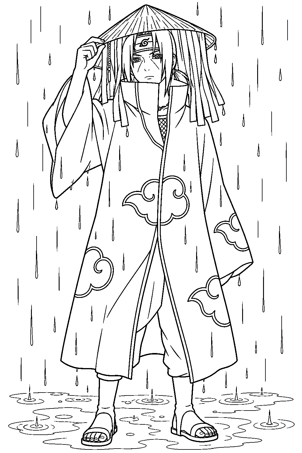 itachi uchiha wearing an akatsuki straw hat in the rain line art
