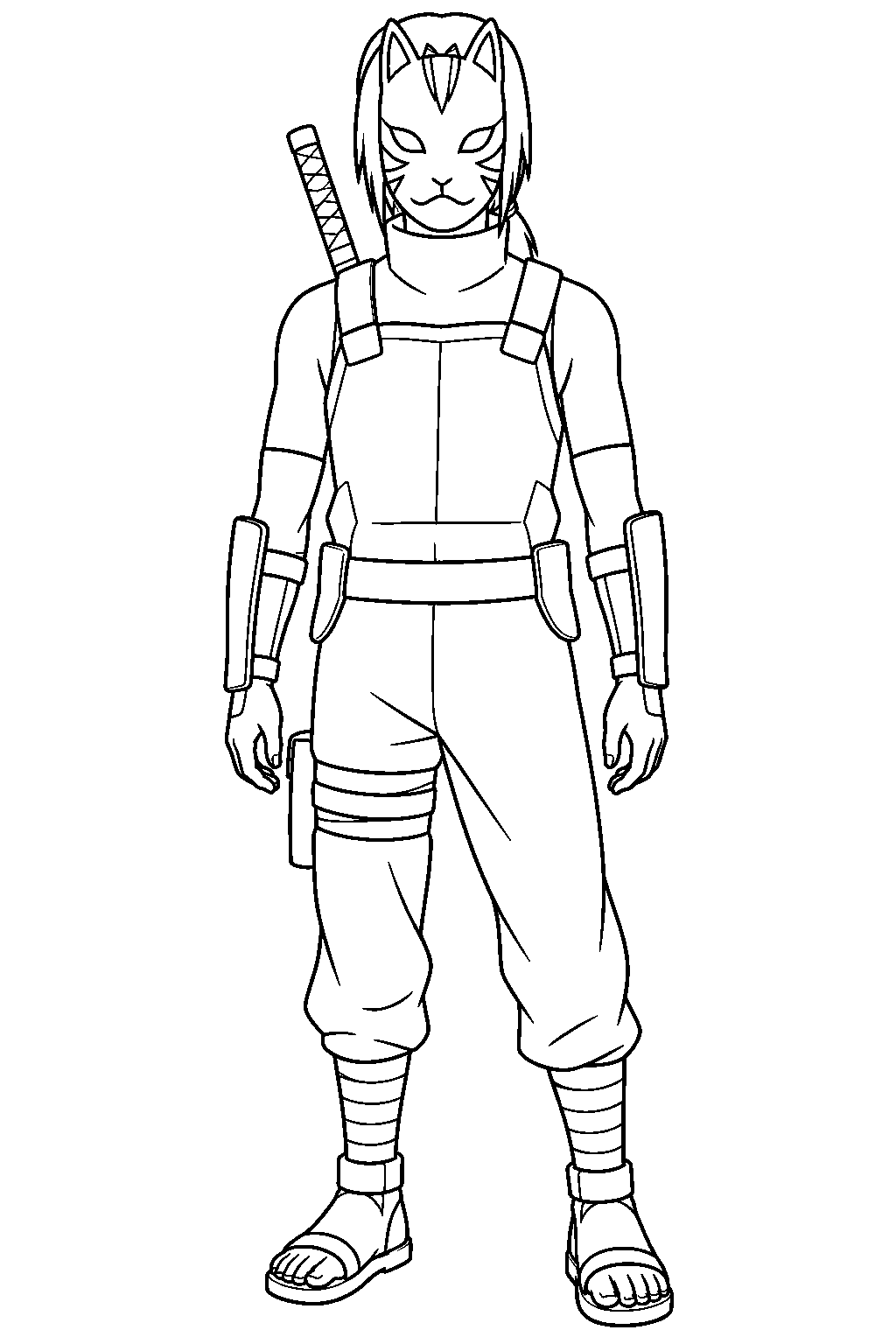 itachi uchiha wearing his anbu mask and armor line art