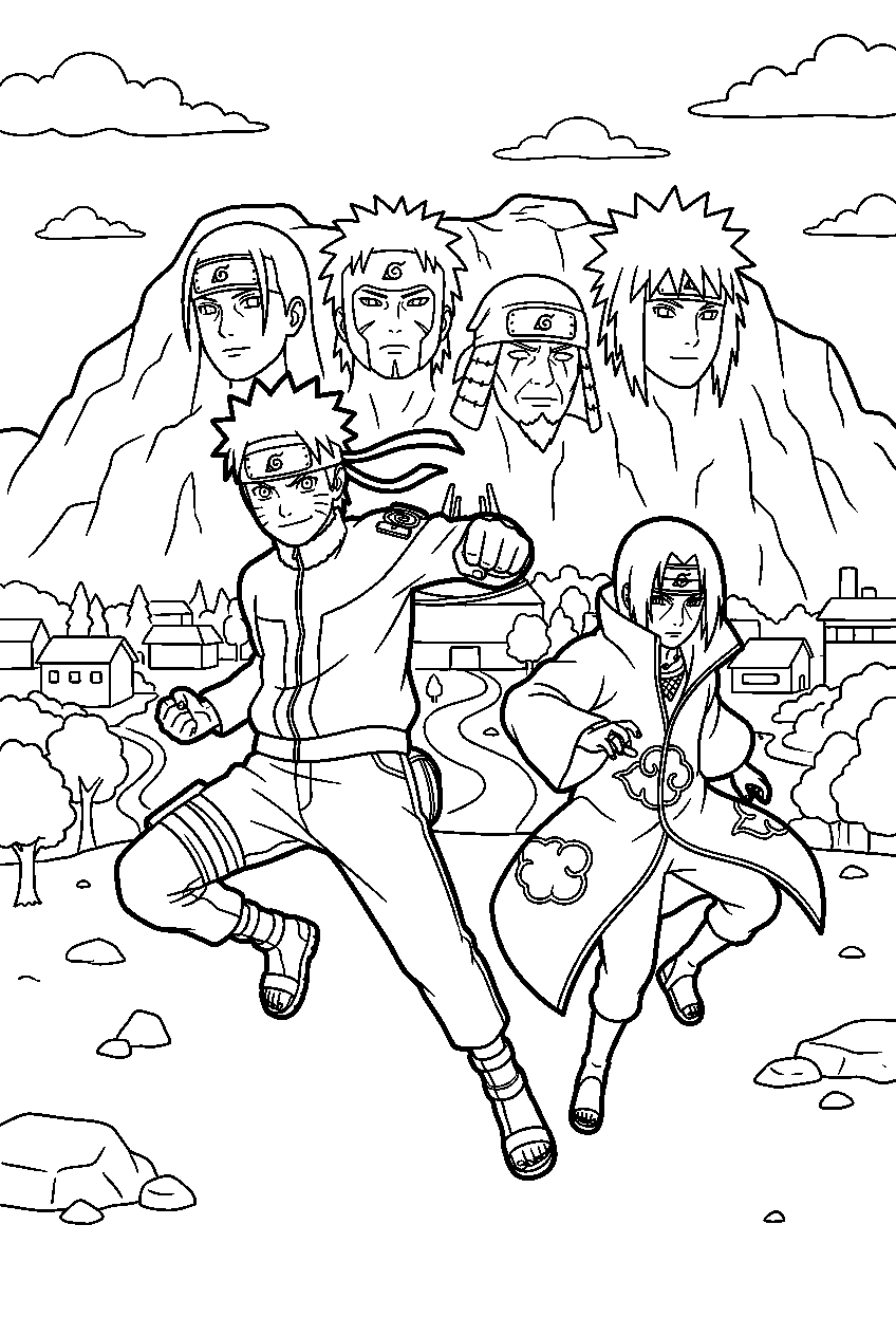 naruto itachi jumping in hokage monument area line art