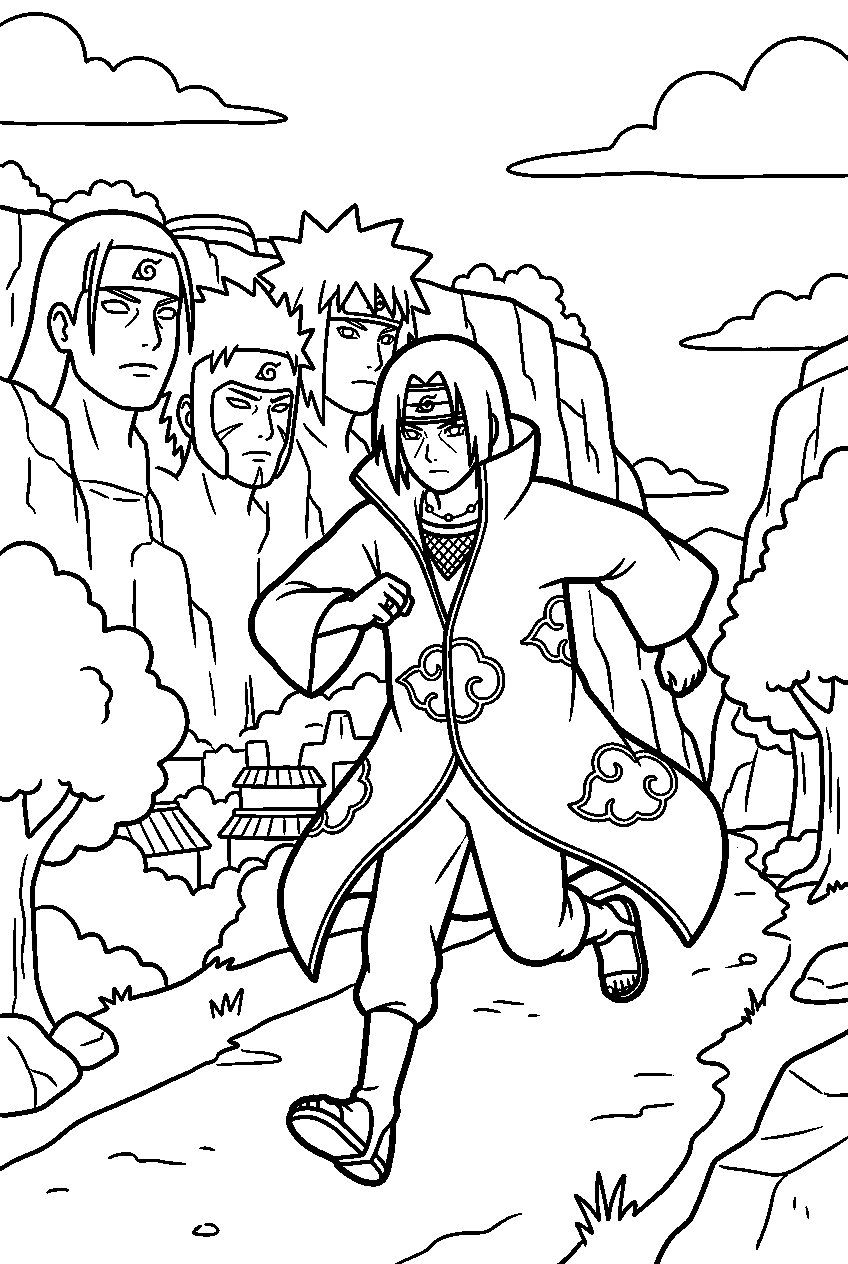 naruto itachi running in hokage monument area line art