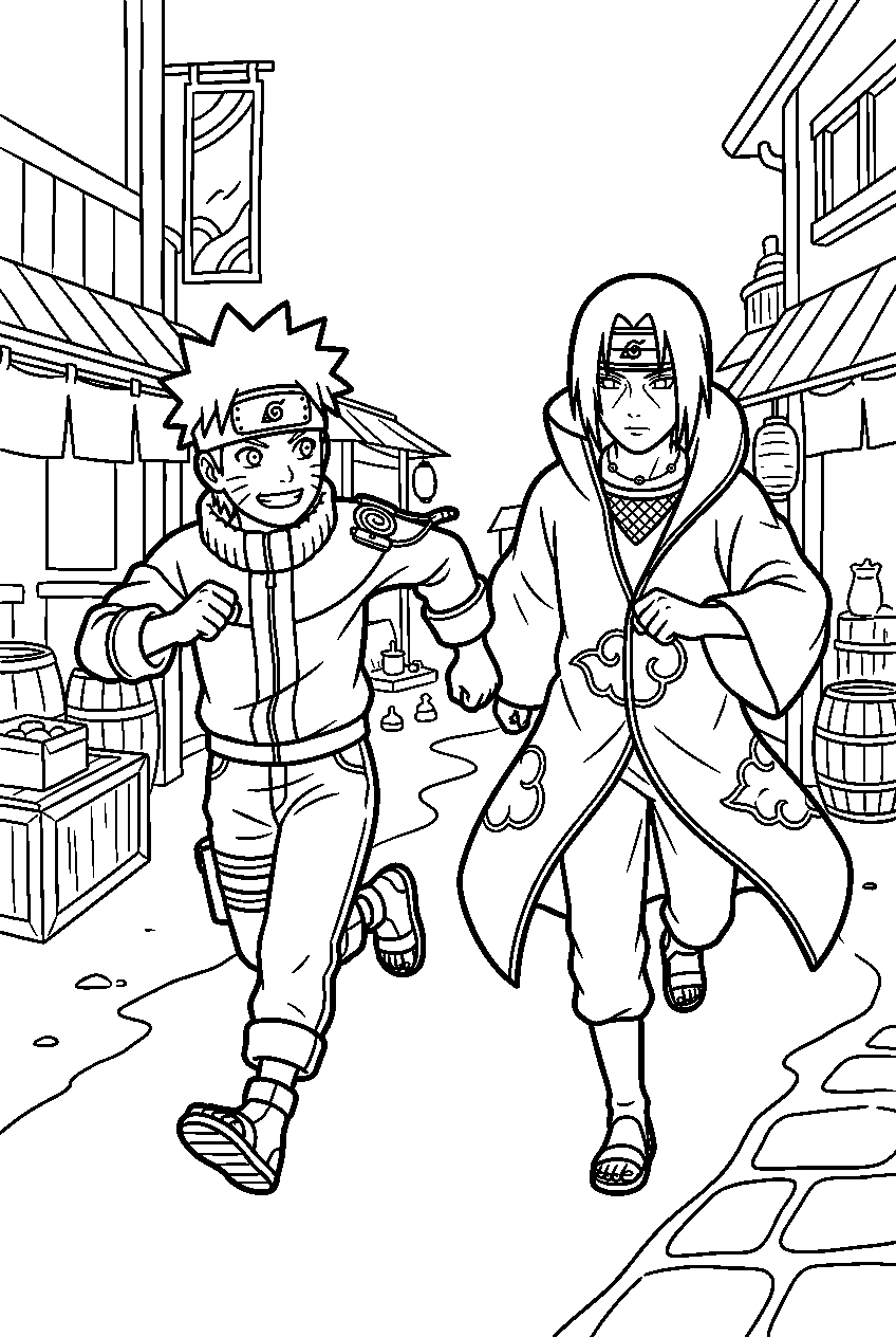 naruto itachi running in village market line art