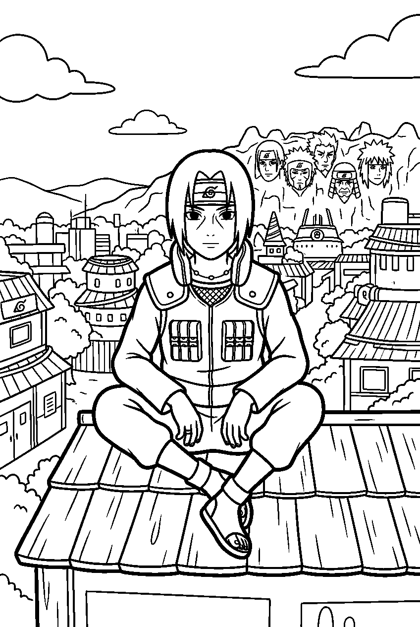 naruto itachi sitting in hidden leaf village line art