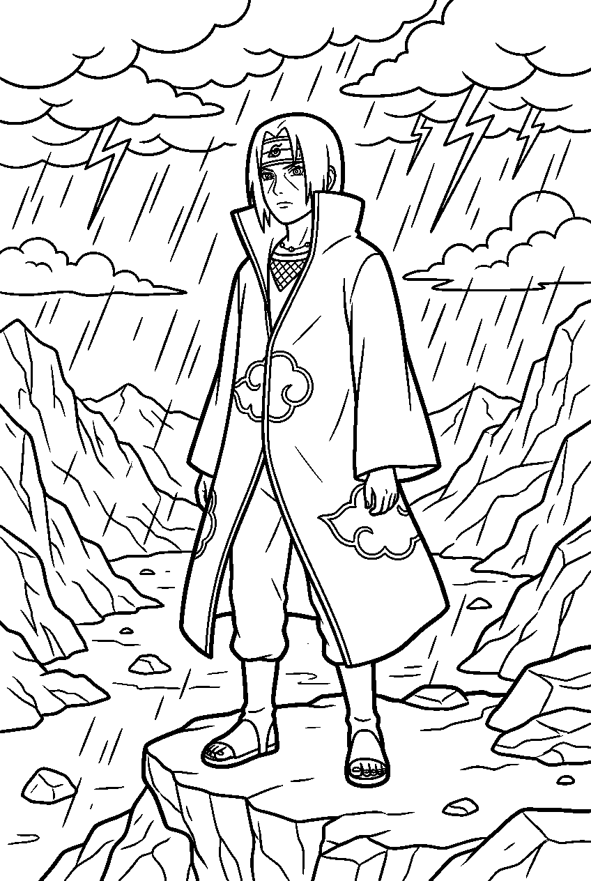 naruto itachi standing in thunderstorm valley line art
