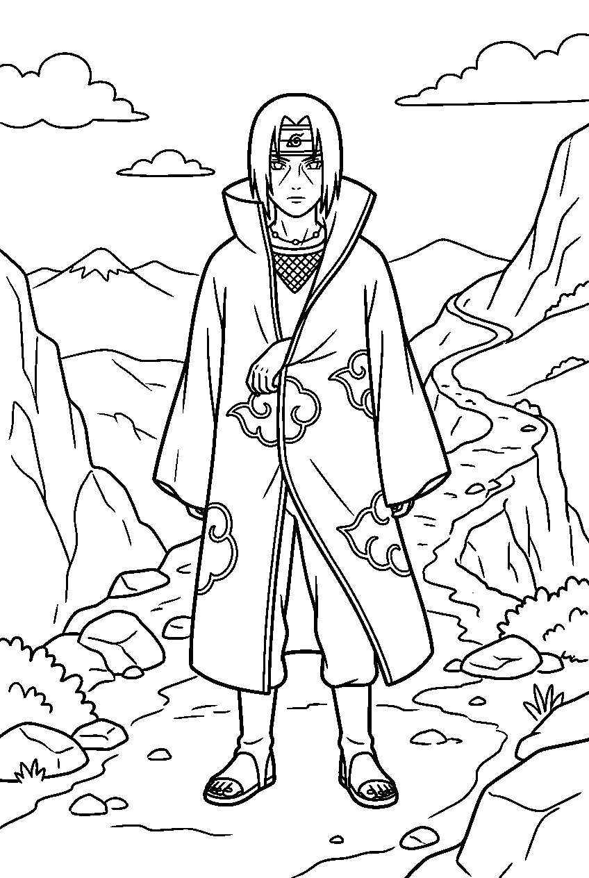 naruto itachi standing on mountain trail line art
