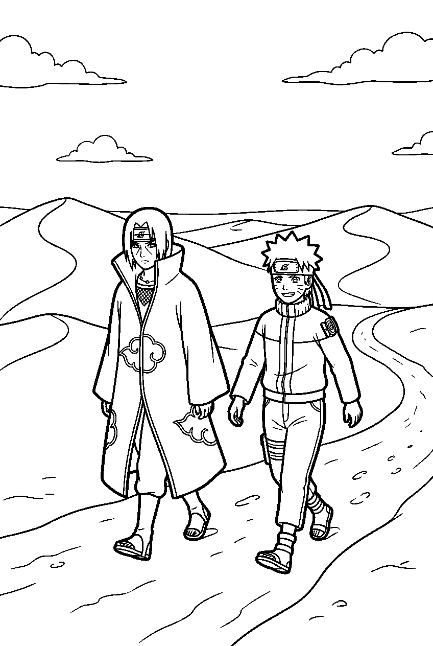 naruto itachi walking in sandy desert line art