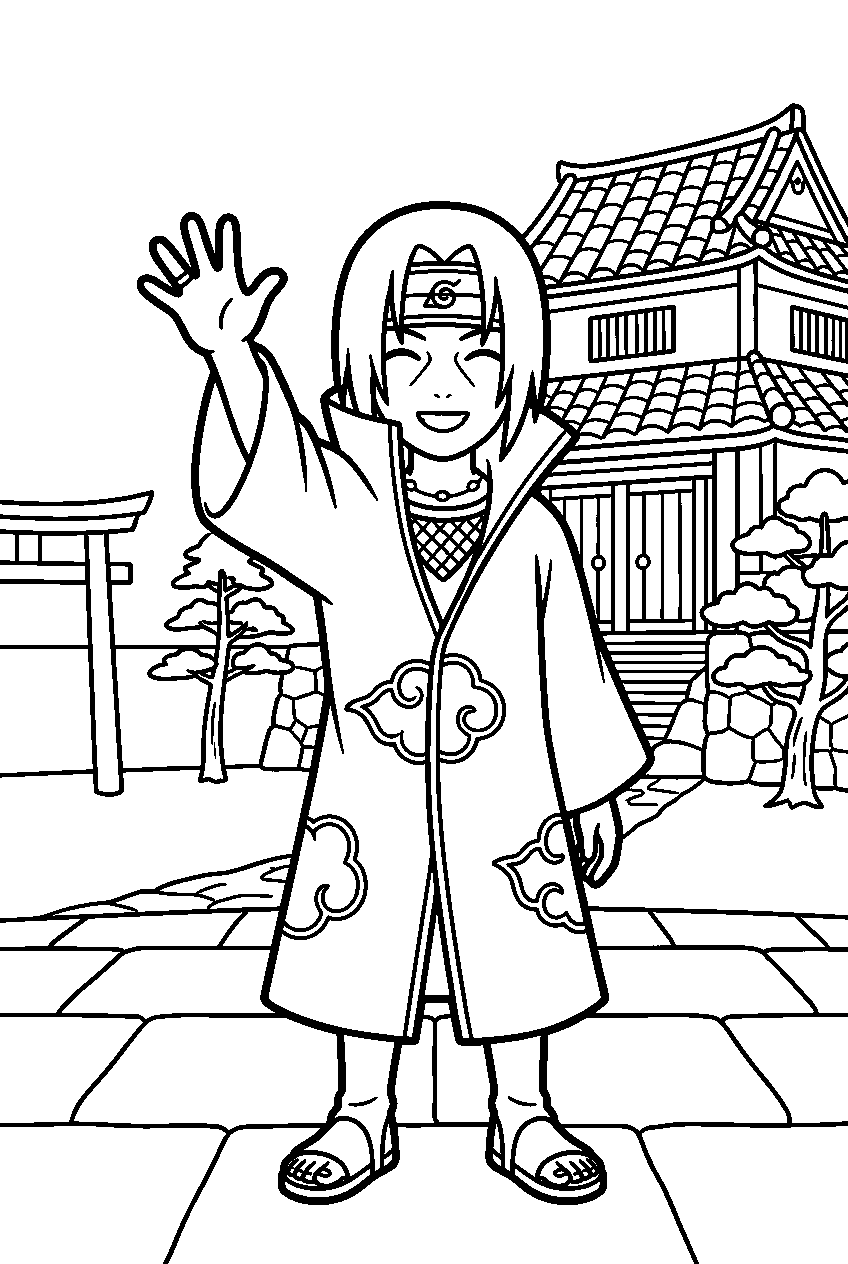 naruto itachi waving in castle courtyard line art