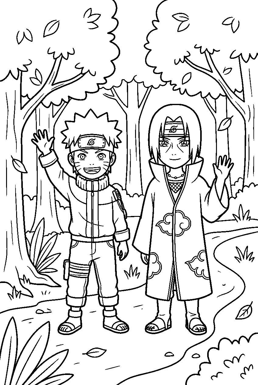 naruto itachi waving in spirit forest line art