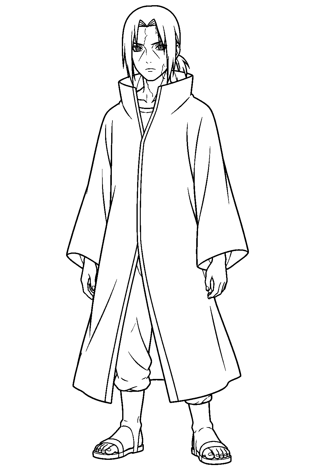 reanimated itachi uchiha wearing his edo tensei cloak with cracked skin line art