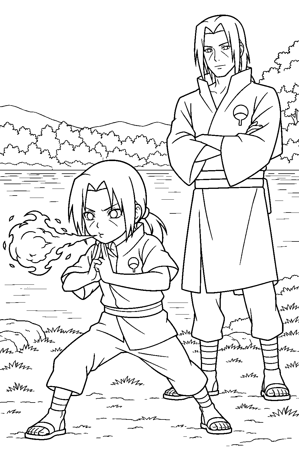 young itachi uchiha learning fireball jutsu from fugaku beside the lake line art