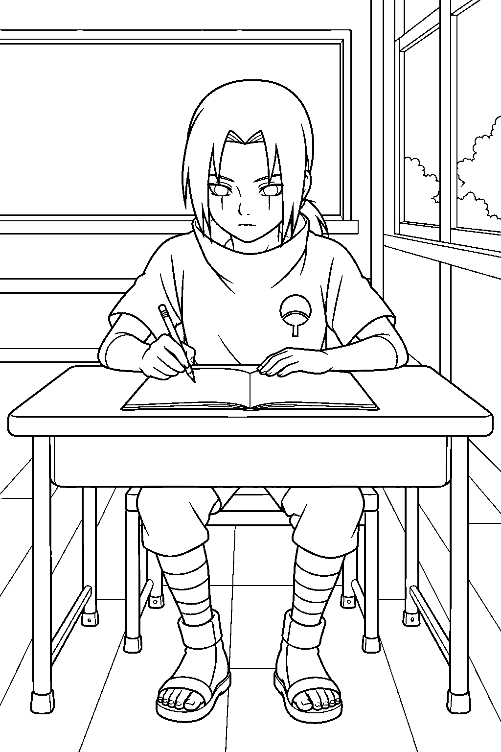 young itachi uchiha studying in the ninja academy classroom line art