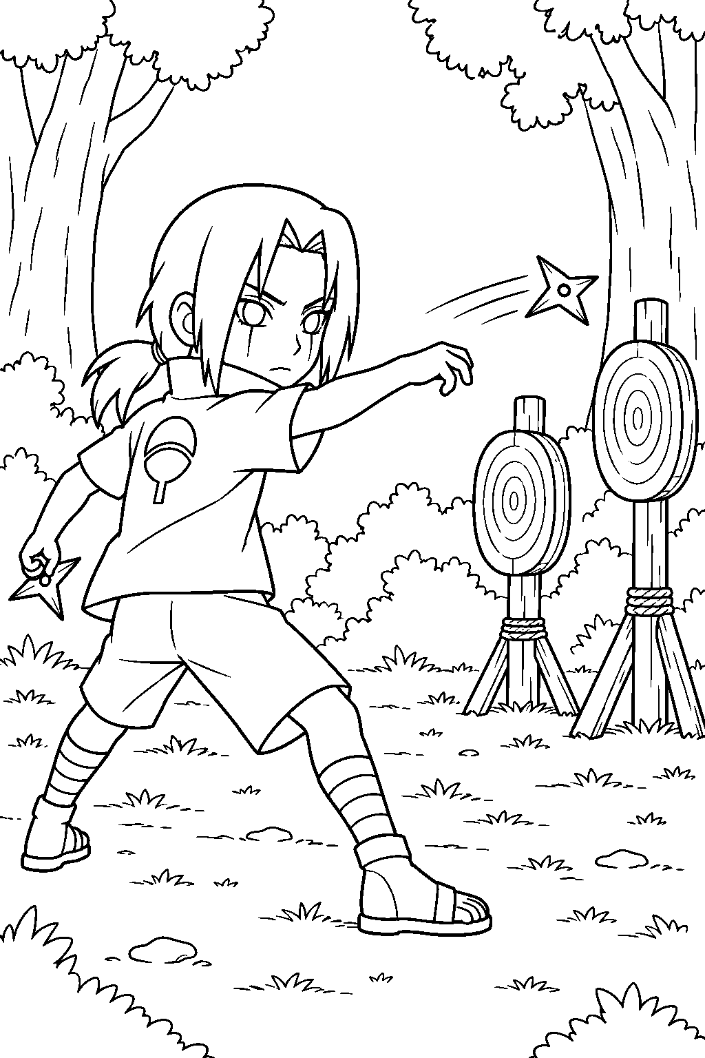 young itachi uchiha throwing shuriken at forest targets line art