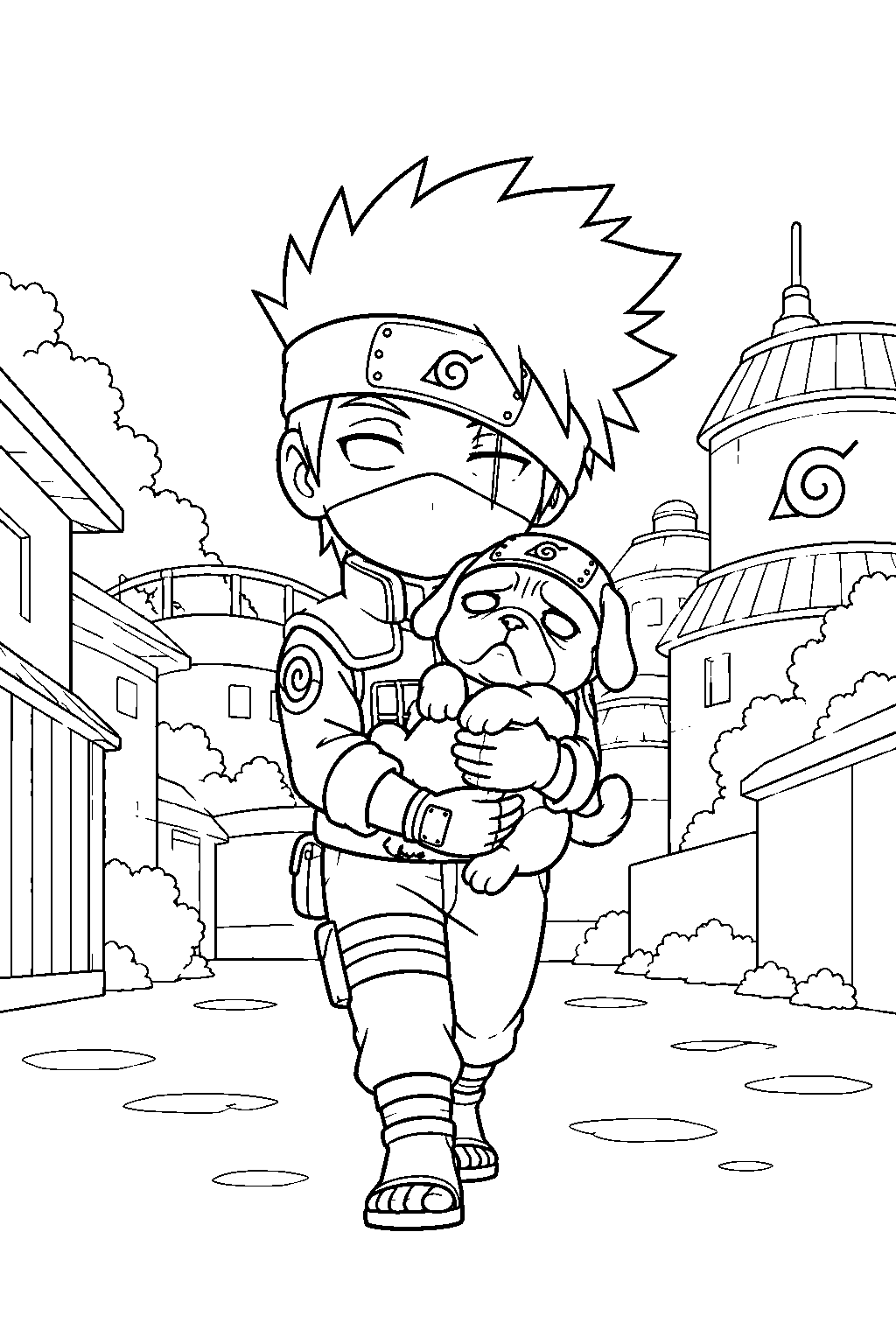 chibi kakashi hatake carrying pakkun through the village line art