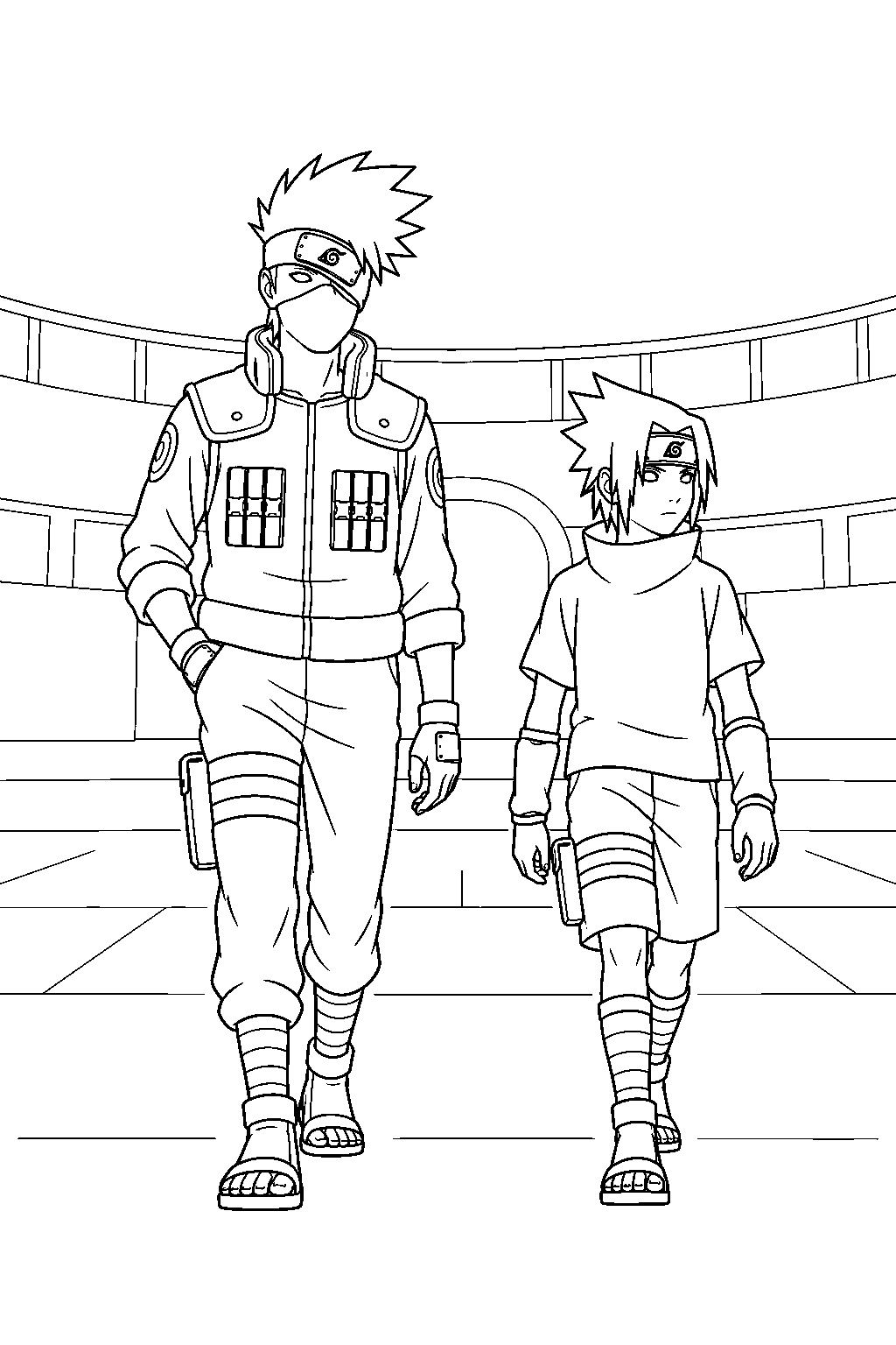 kakashi hatake arriving with sasuke at the chunin exam arena line art