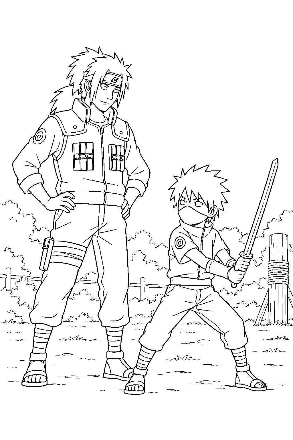 kakashi hatake as a child training beside sakumo hatake line art