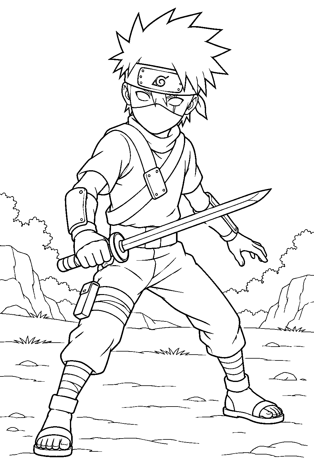 kakashi hatake as a young ninja carrying the white light chakra sabre line art