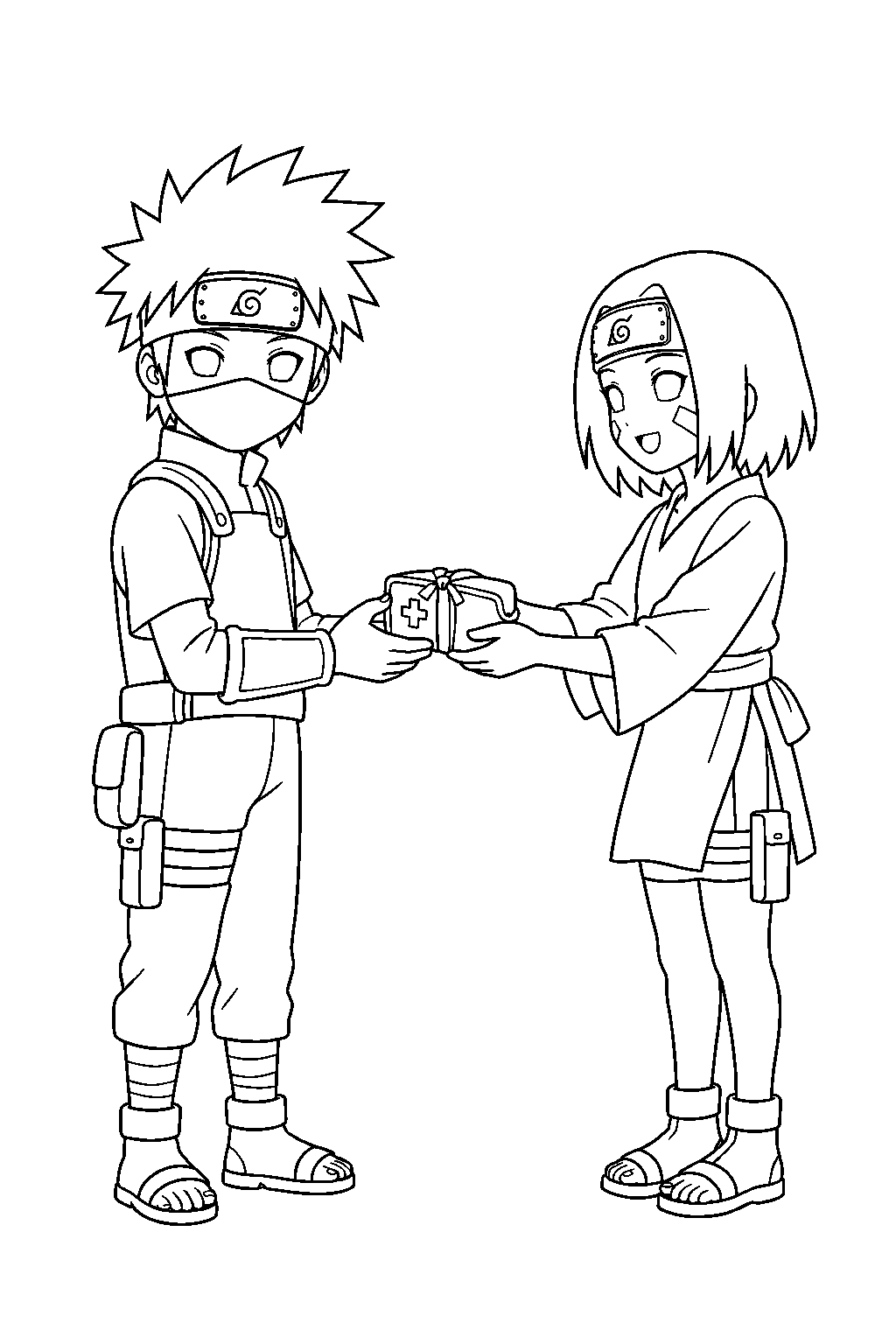 kakashi hatake as a young ninja receiving a medical kit from rin line art