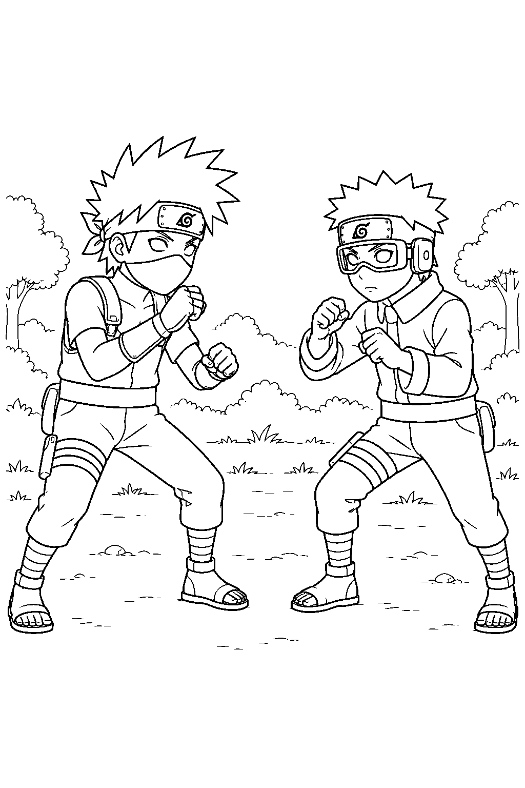 kakashi hatake as a young ninja sparring with obito line art