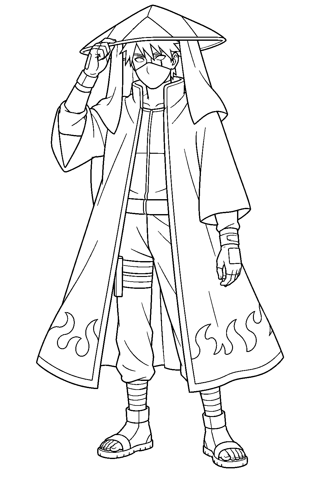 kakashi hatake as the sixth hokage wearing his ceremonial hat and cloak line art