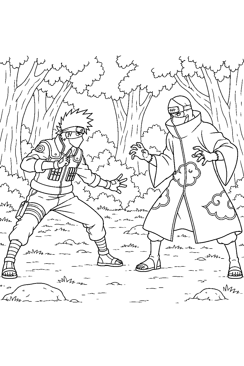kakashi hatake battling kakuzu among the forest trees line art