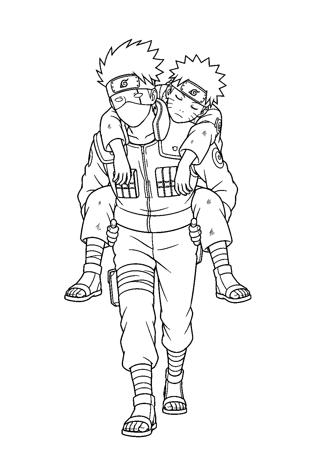kakashi hatake carrying naruto on his back after the battle with pain line art