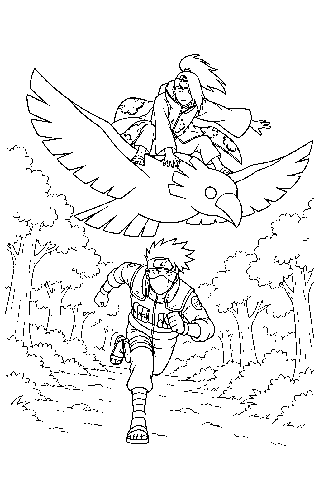 kakashi hatake chasing deidara s clay bird through the forest line art