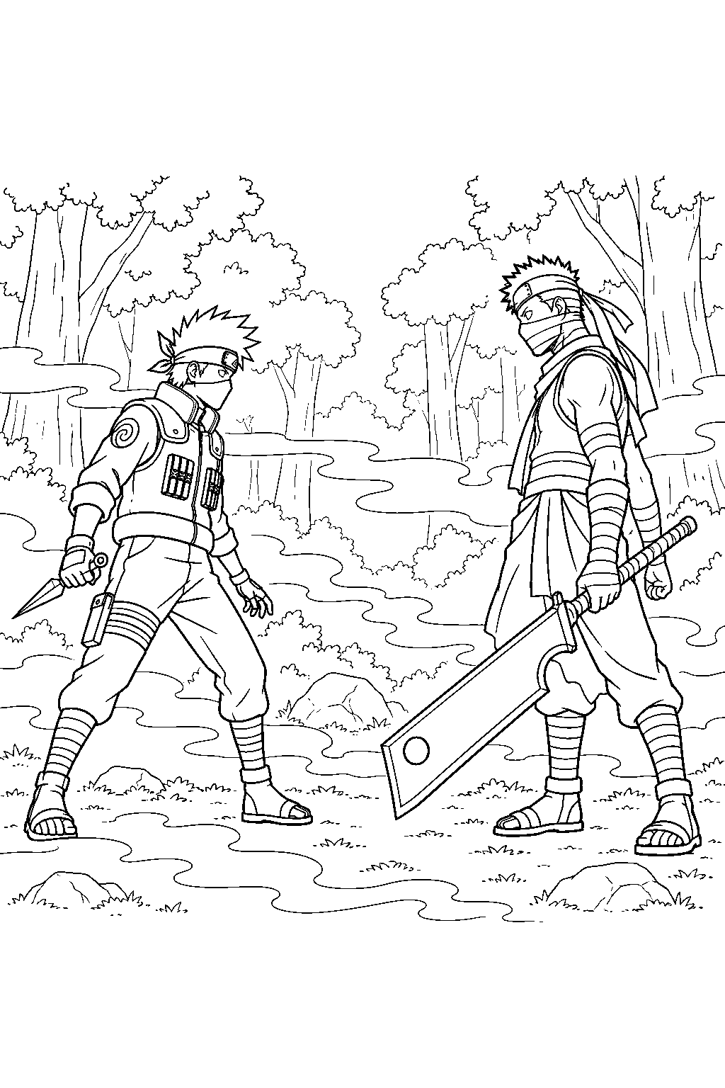 kakashi hatake confronting zabuza in the forest mist line art