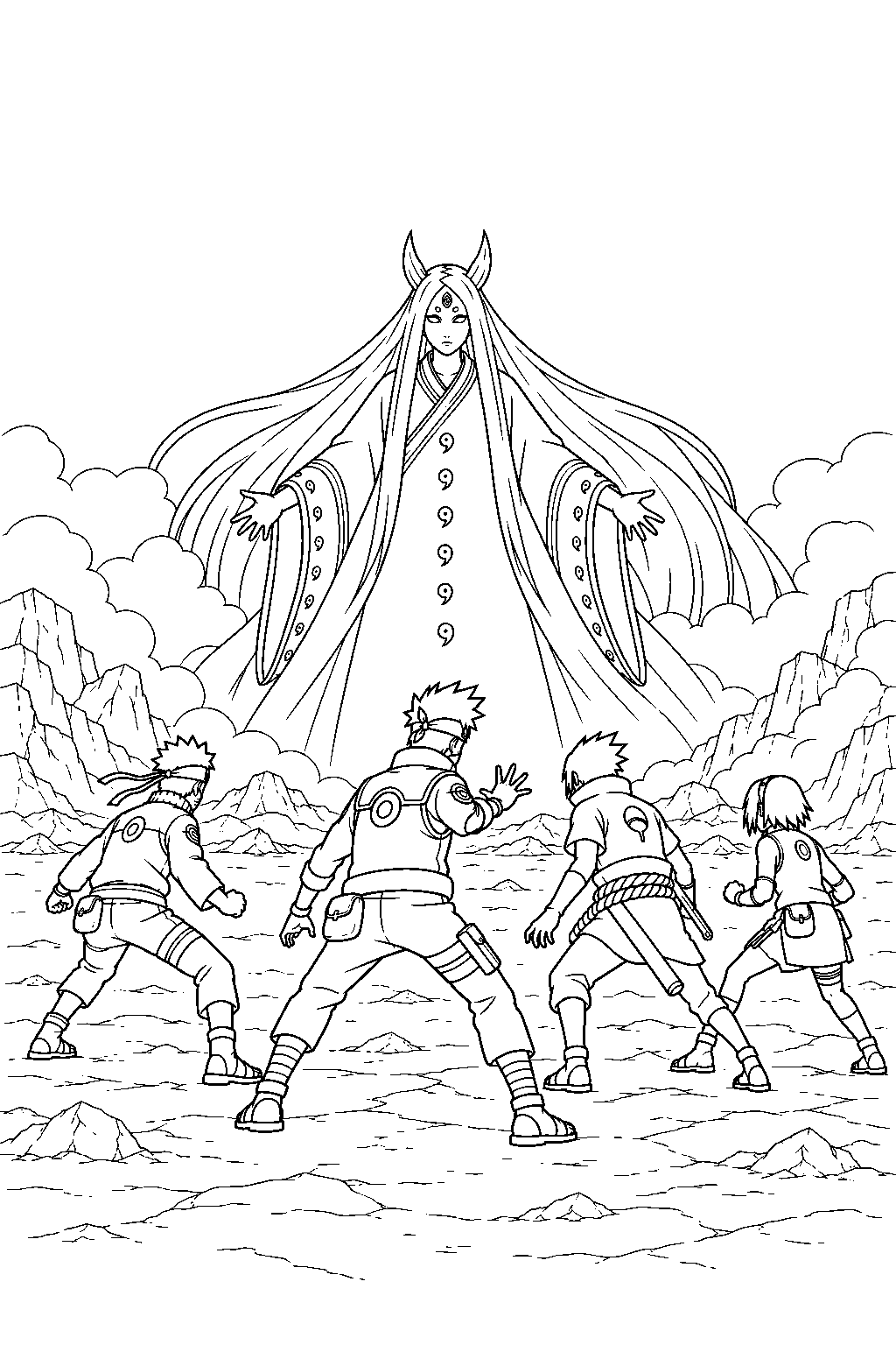 kakashi hatake coordinating team 7 against kaguya line art