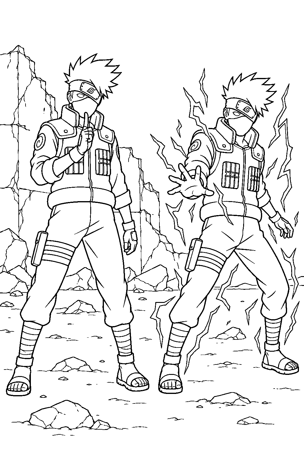 kakashi hatake creating a lightning clone beside a ruined wall line art