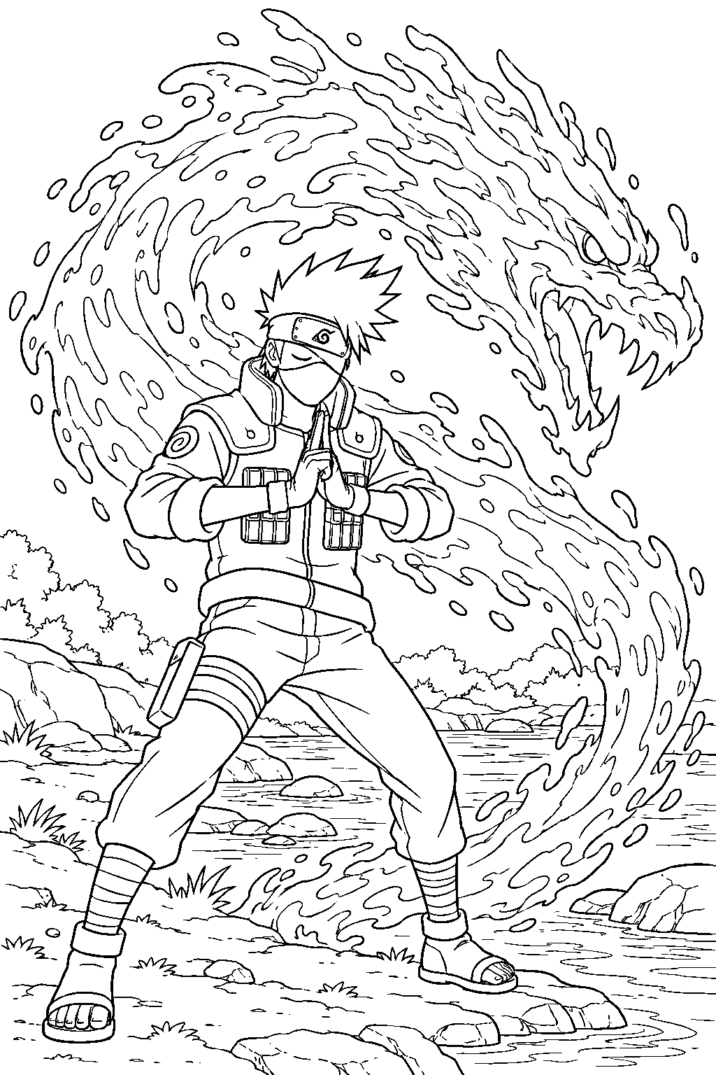 kakashi hatake creating a water dragon beside a river line art
