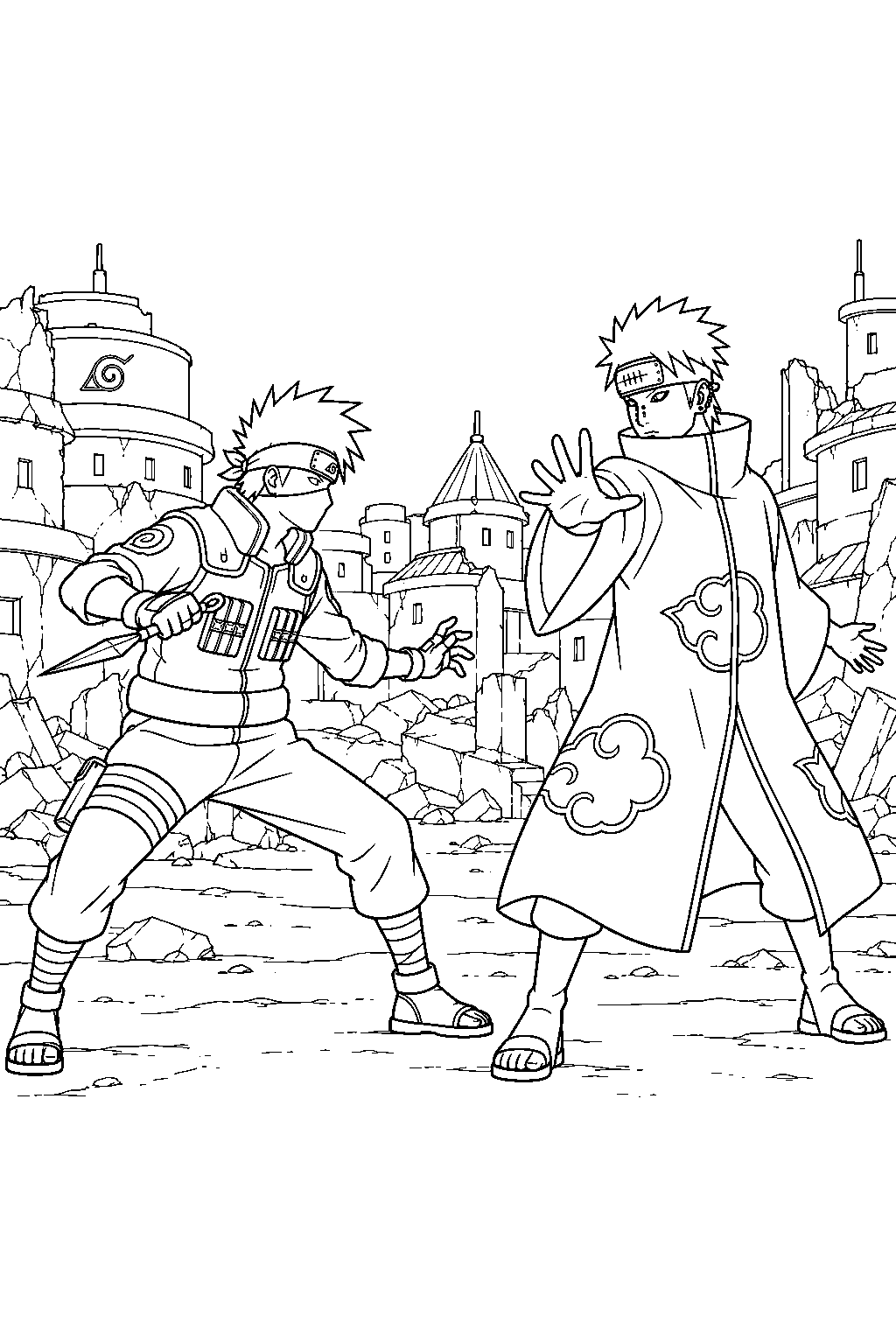 kakashi hatake defending the hidden leaf village from pain line art