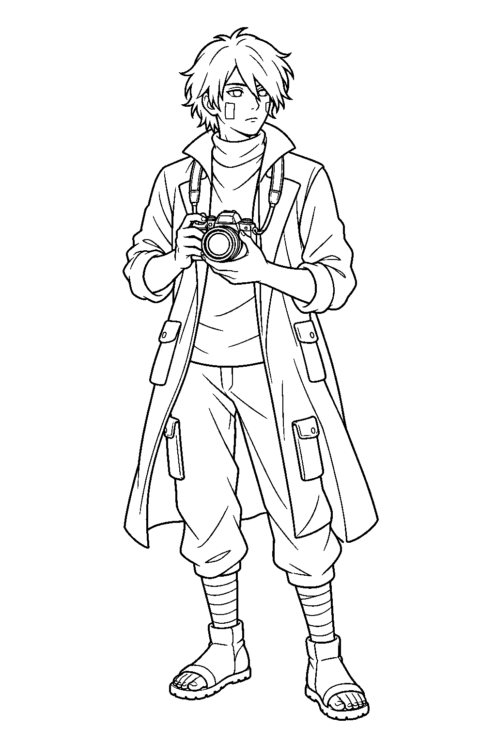 kakashi hatake disguised as sukea carrying a camera line art