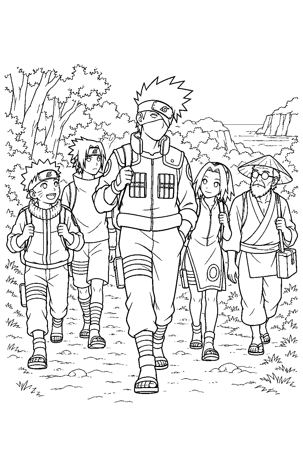 kakashi hatake escorting tazuna and team 7 through the land of waves line art
