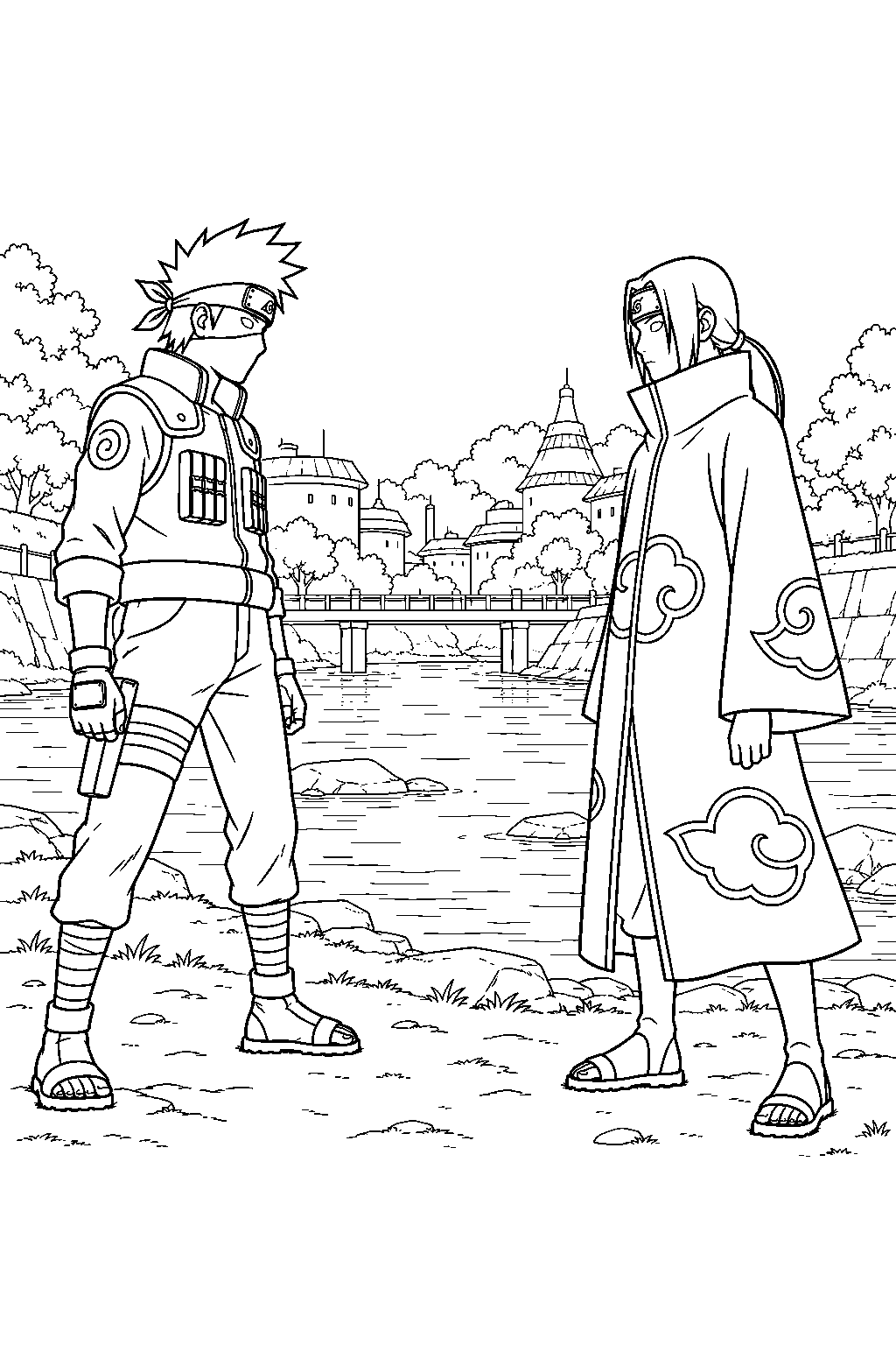 kakashi hatake facing itachi uchiha beside the village river line art