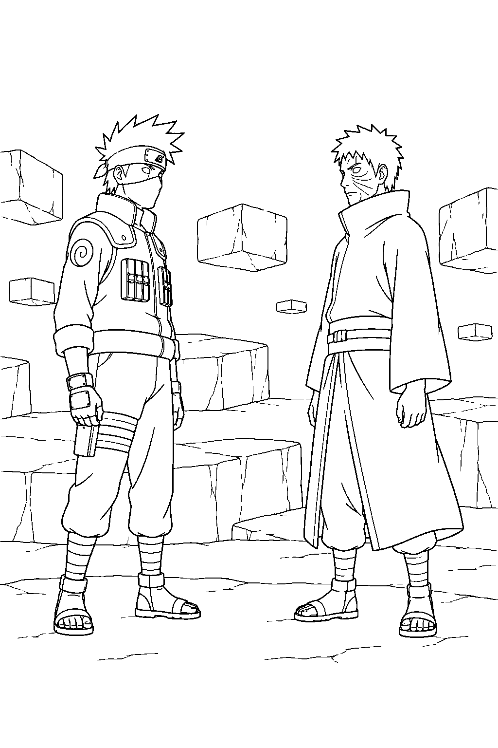 kakashi hatake facing obito inside the kamui dimension line art