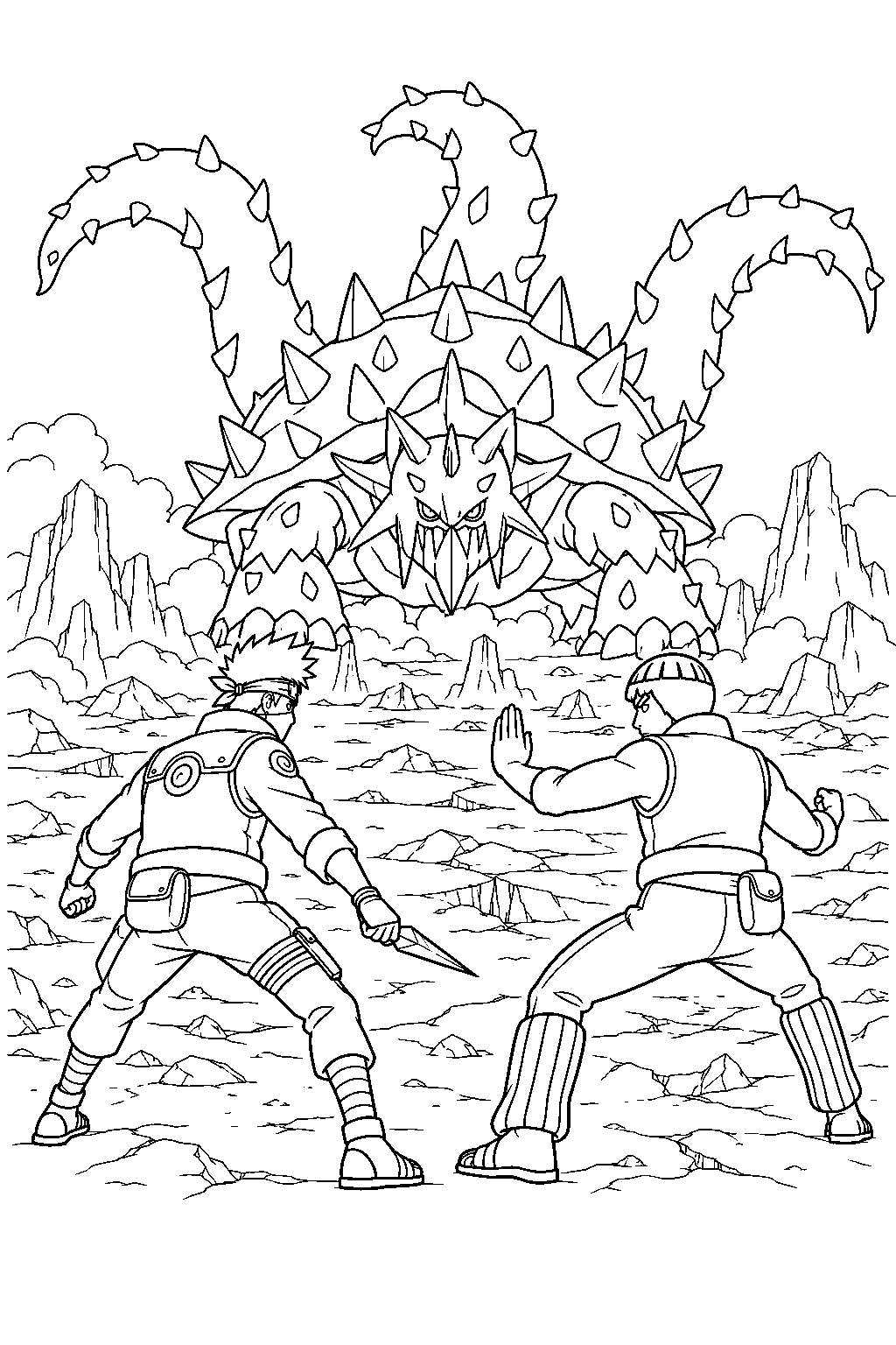 kakashi hatake fighting alongside might guy against the tailed beasts line art