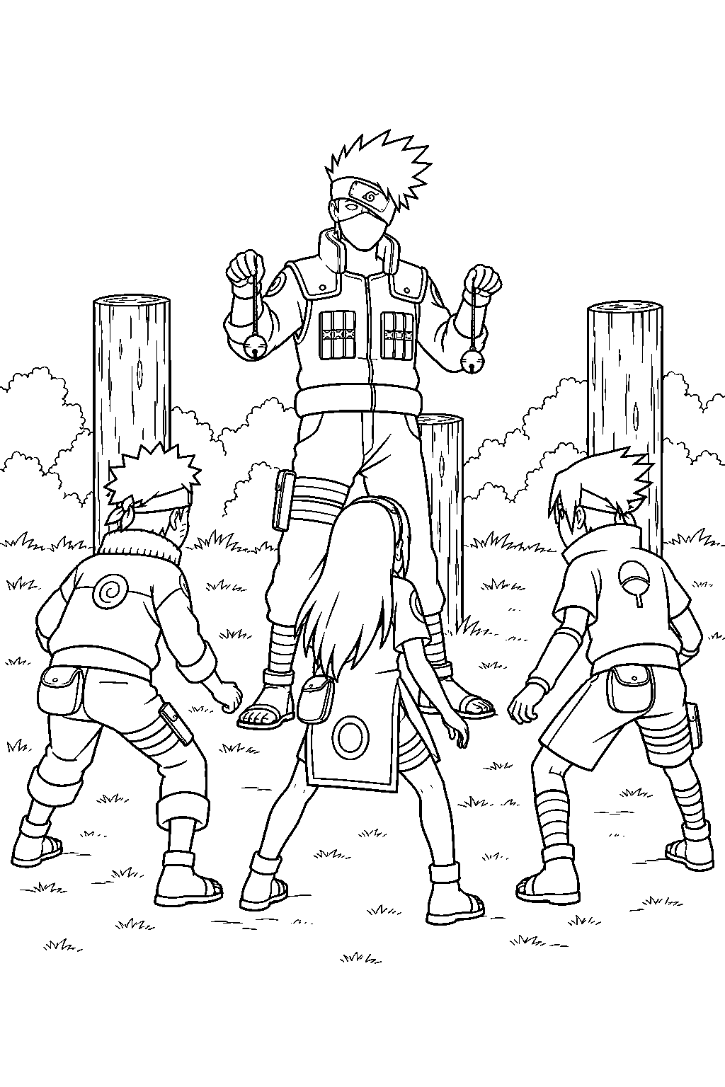 kakashi hatake giving team 7 the bell test at the three training posts line art