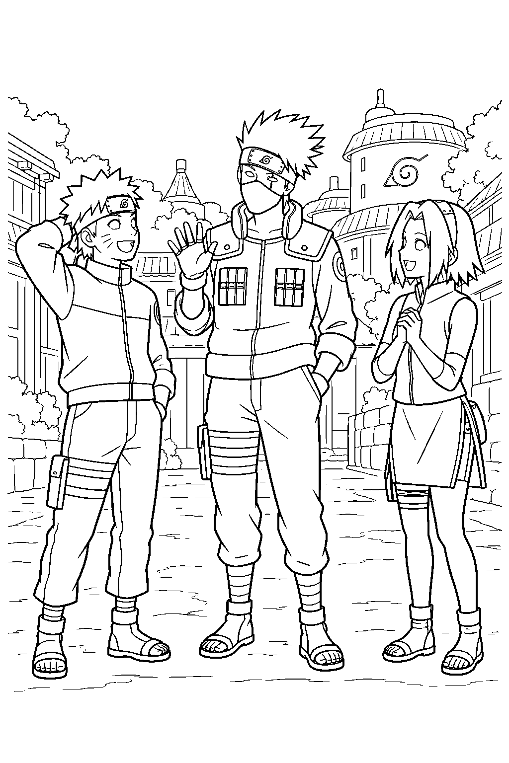 kakashi hatake greeting naruto and sakura after naruto s training journey line art