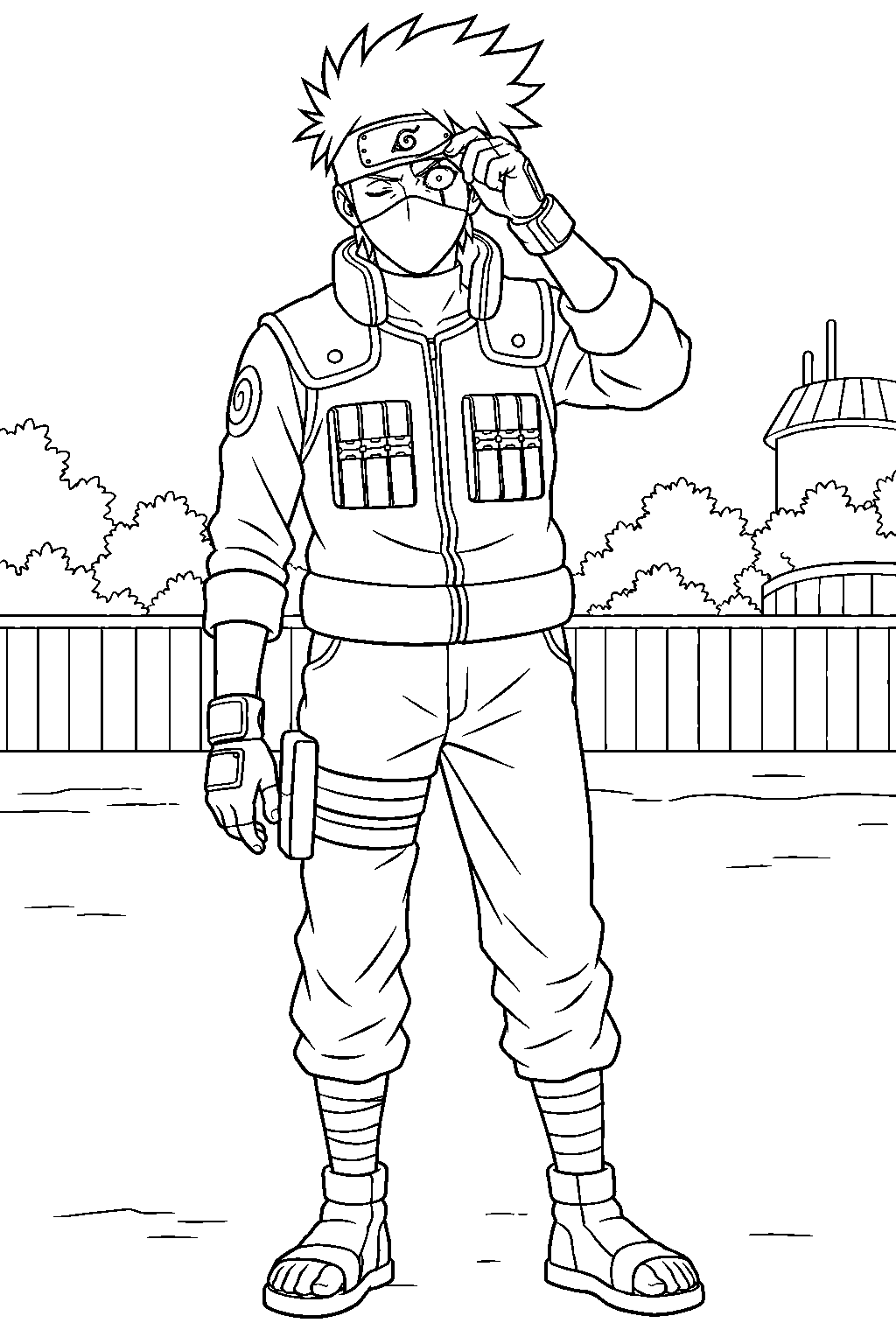 kakashi hatake lifting his forehead protector to reveal his sharingan line art