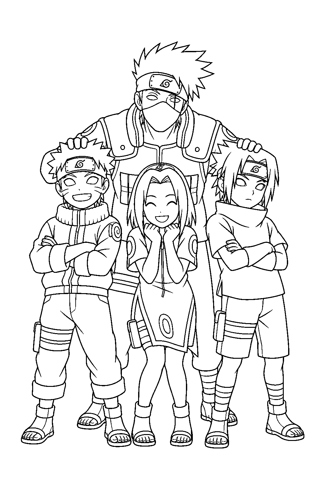 kakashi hatake posing with team 7 for their first group photograph line art