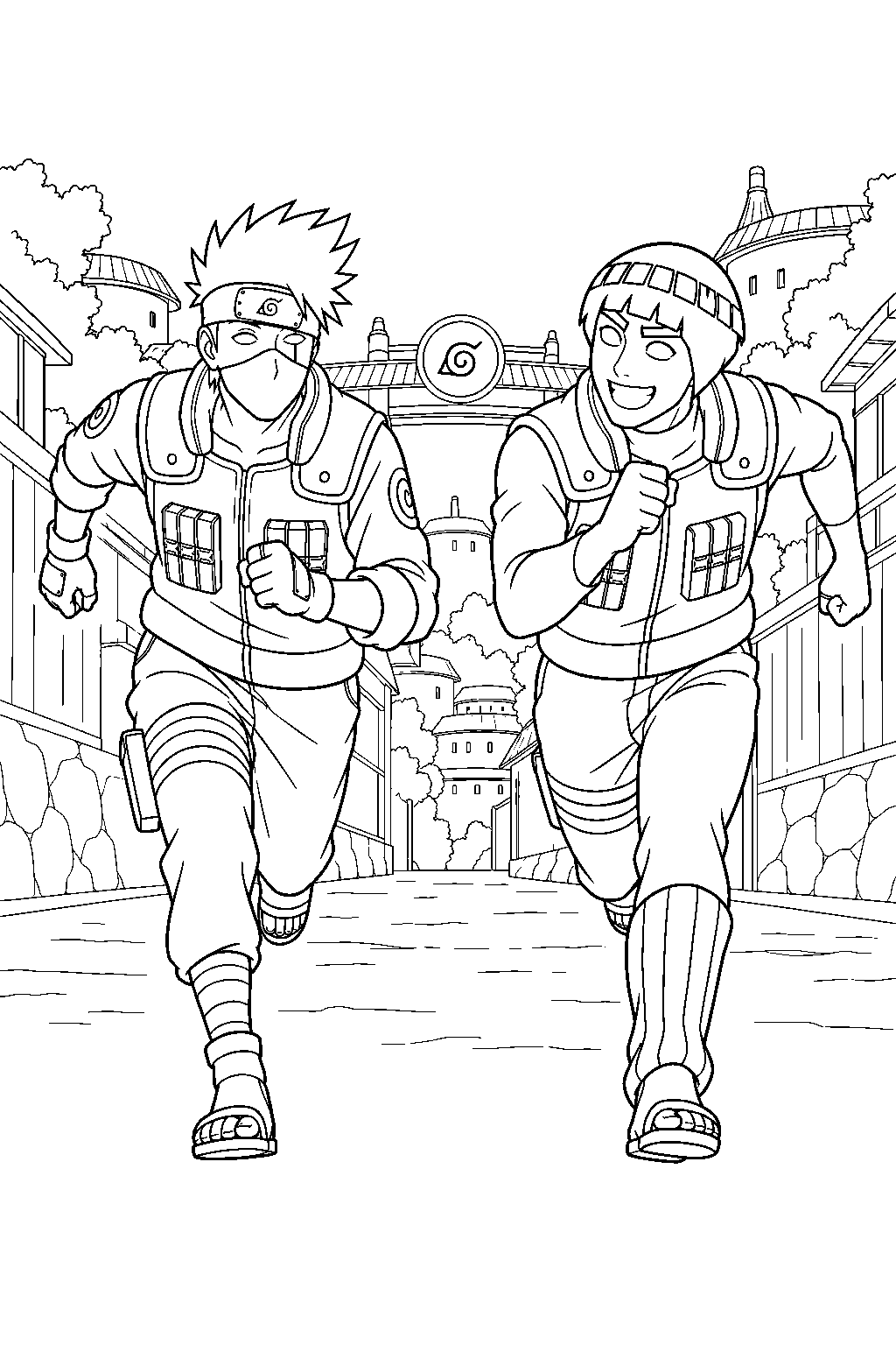 kakashi hatake racing might guy through konoha line art