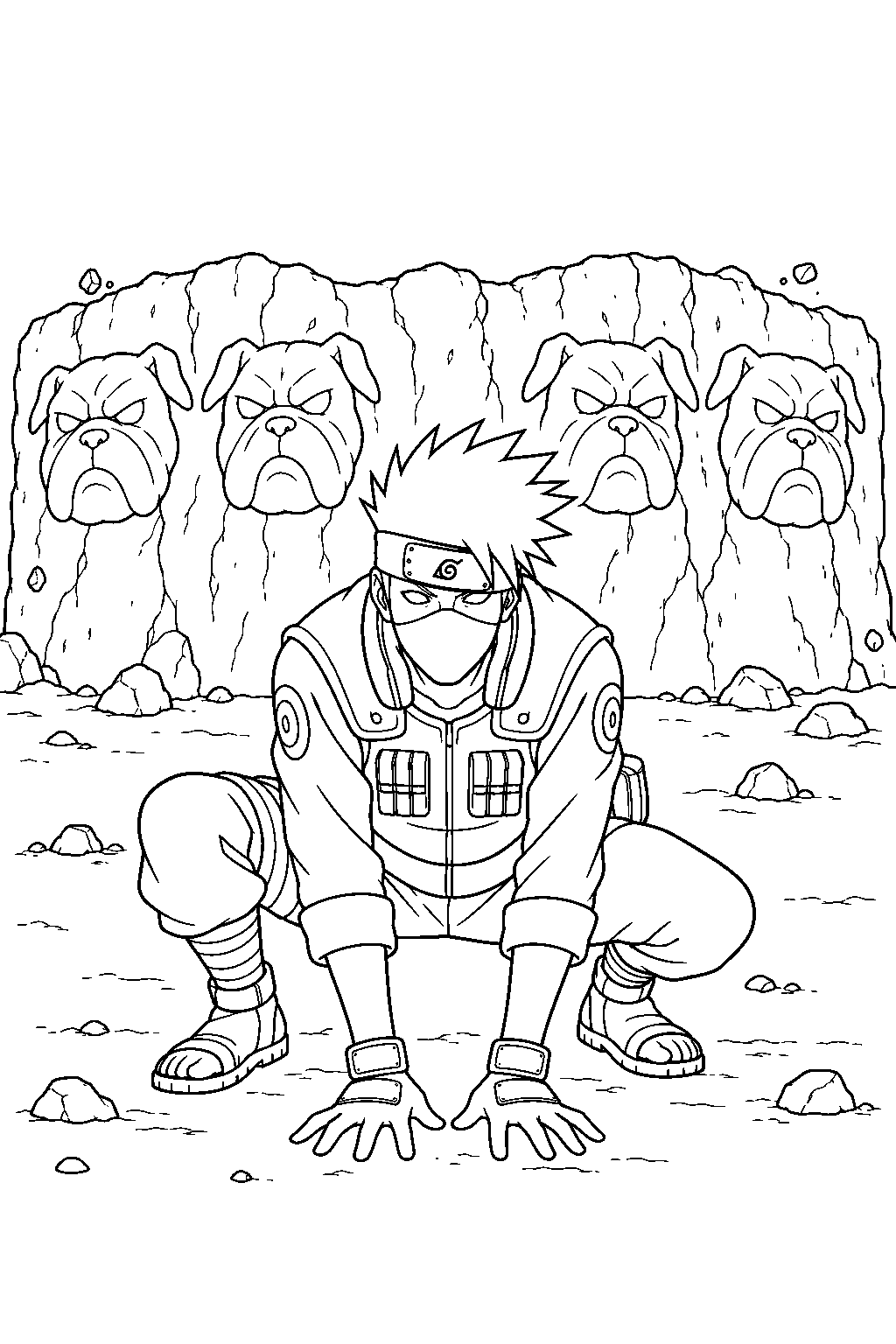 kakashi hatake raising an earth style mud wall with dog carvings line art