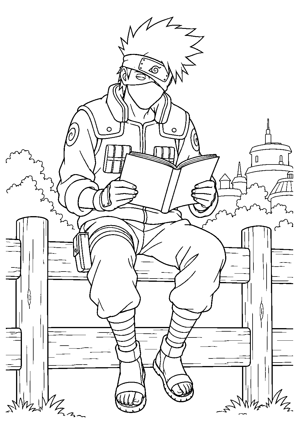 kakashi hatake reading his favorite book on a village fence line art