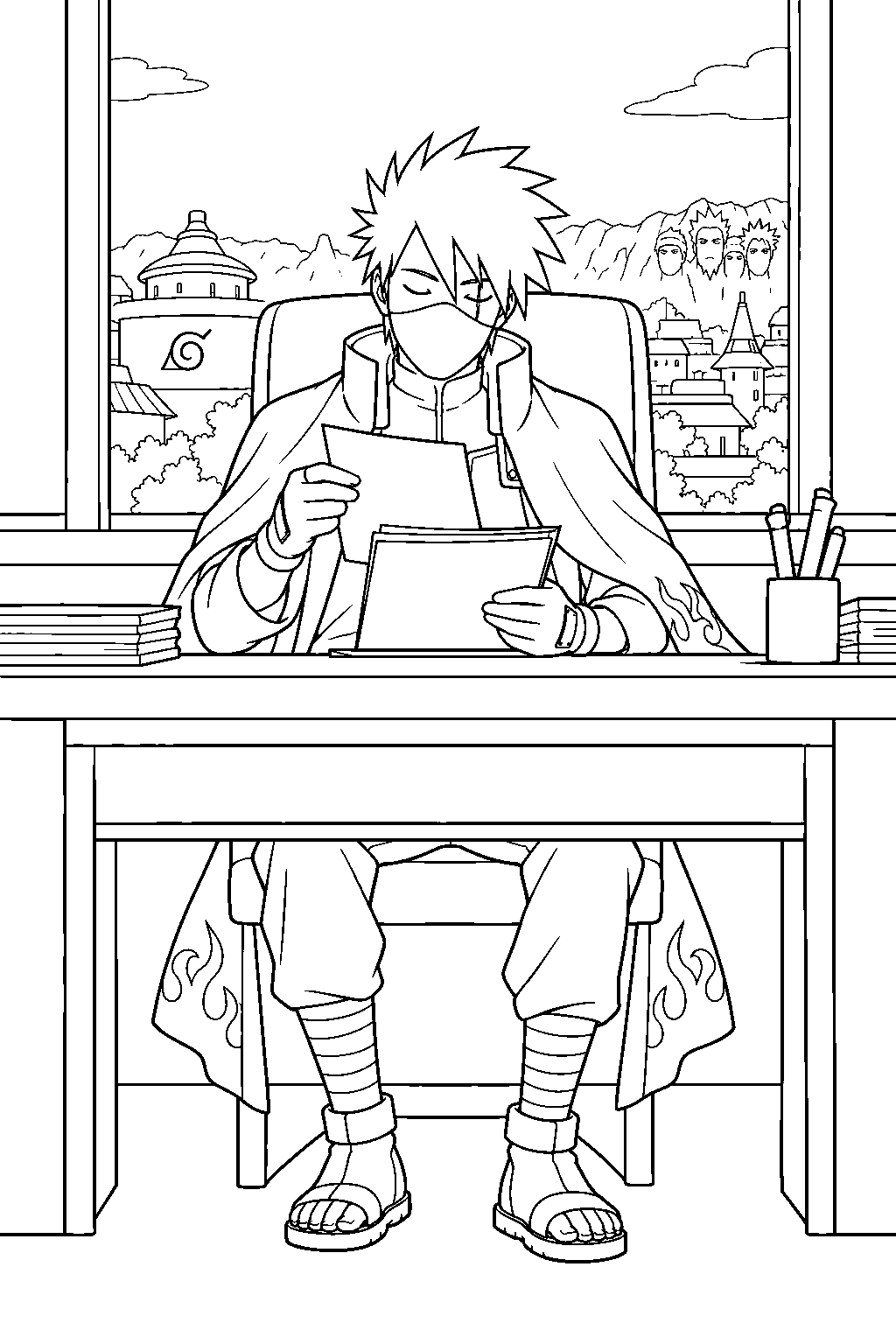 kakashi hatake reviewing village paperwork at the hokage desk line art